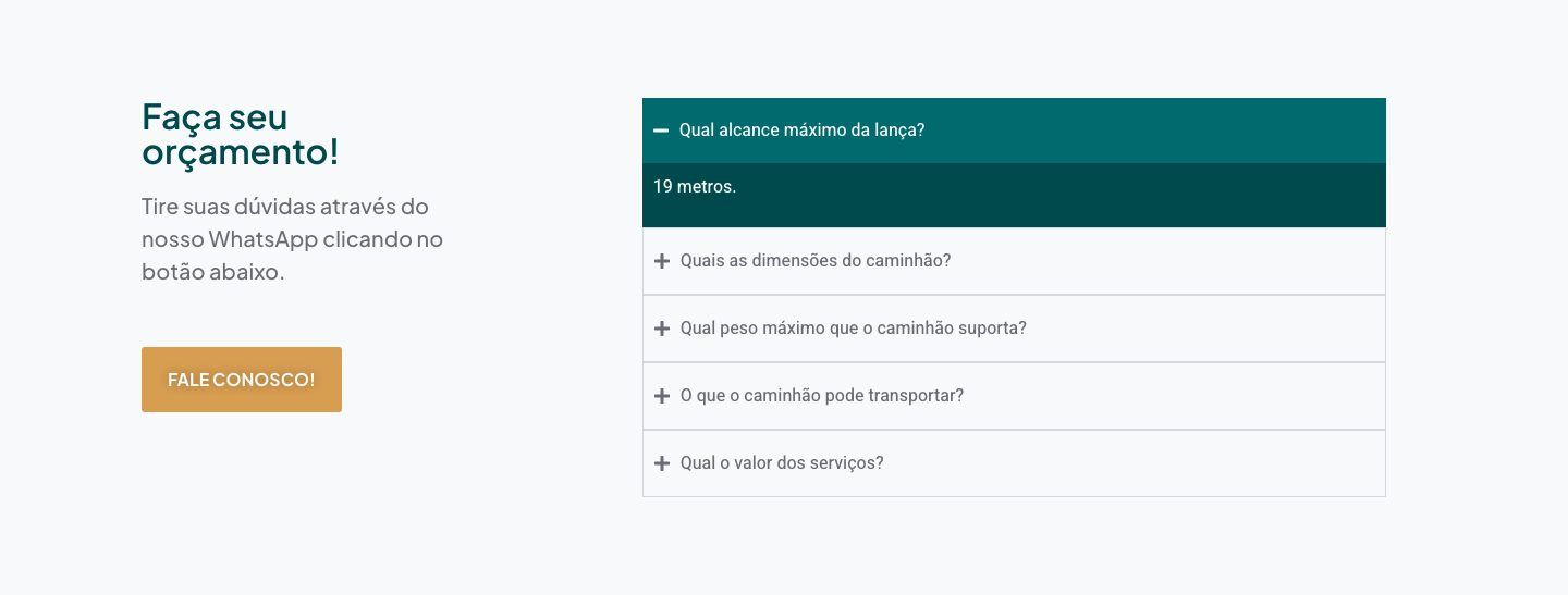 Bloco final do site: chamada "Faça seu orçamento!", botão de WhatsApp e FAQ com perguntas sobre alcance, dimensões e capacidade do caminhão.