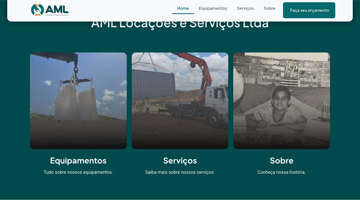 Bloco de navegação do site: apresentação da AML e três cartões que levam para Equipamentos, Serviços e Sobre.