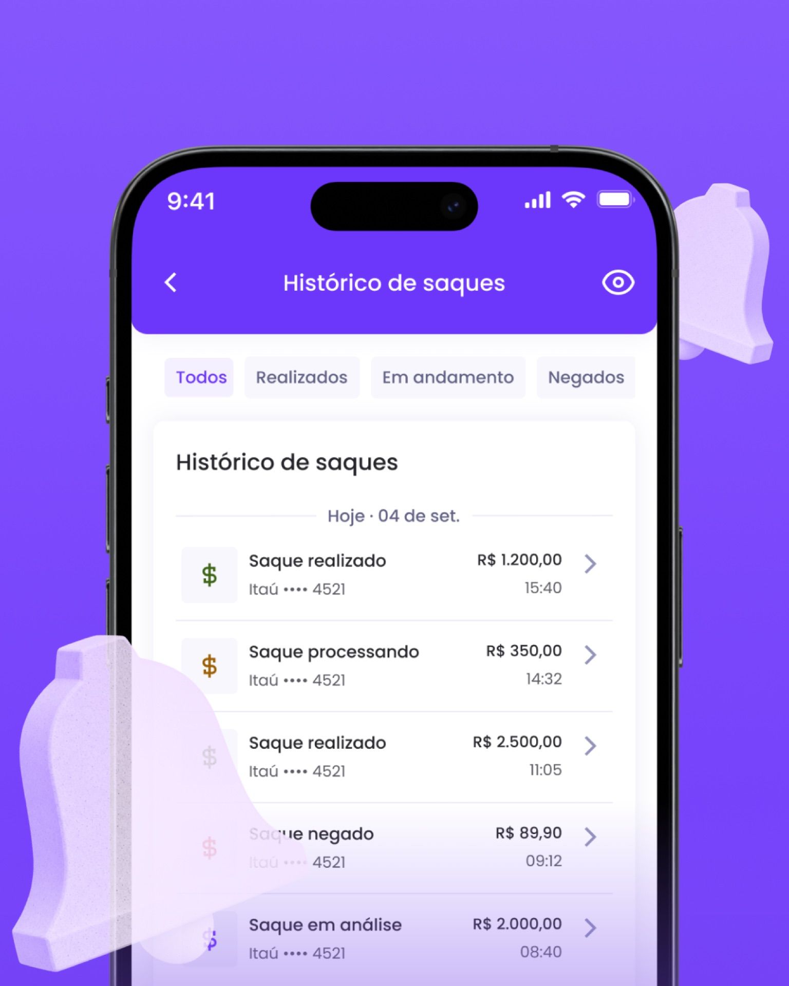 Histórico de saques filtrado por status.