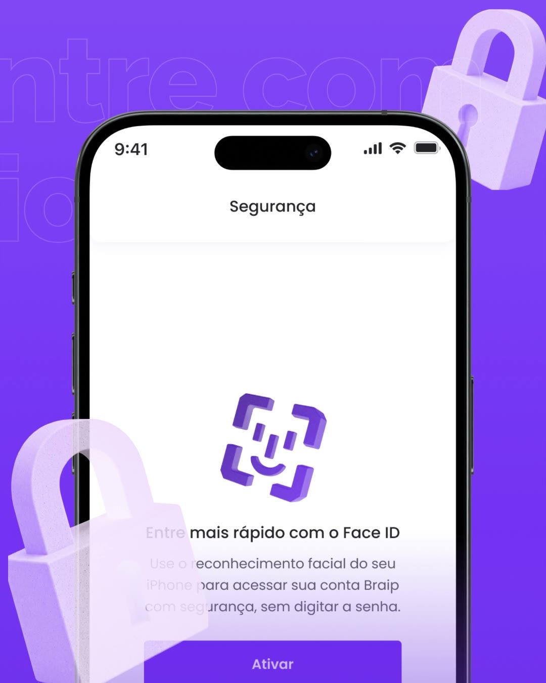 Tela de ativação do Face ID com cadeados em 3D entrando pelas bordas.