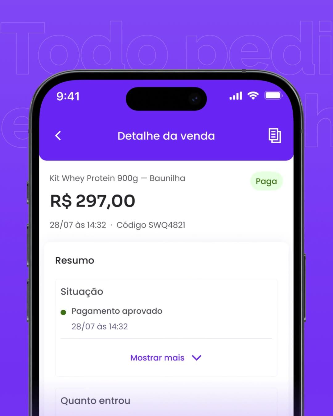 Detalhe da venda em close: produto, valor pago e situação do pagamento.
