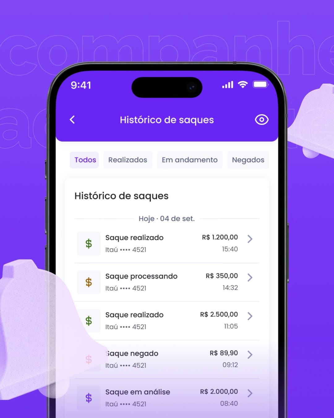 Histórico de saques com filtros por status e cadeados em 3D ao fundo.