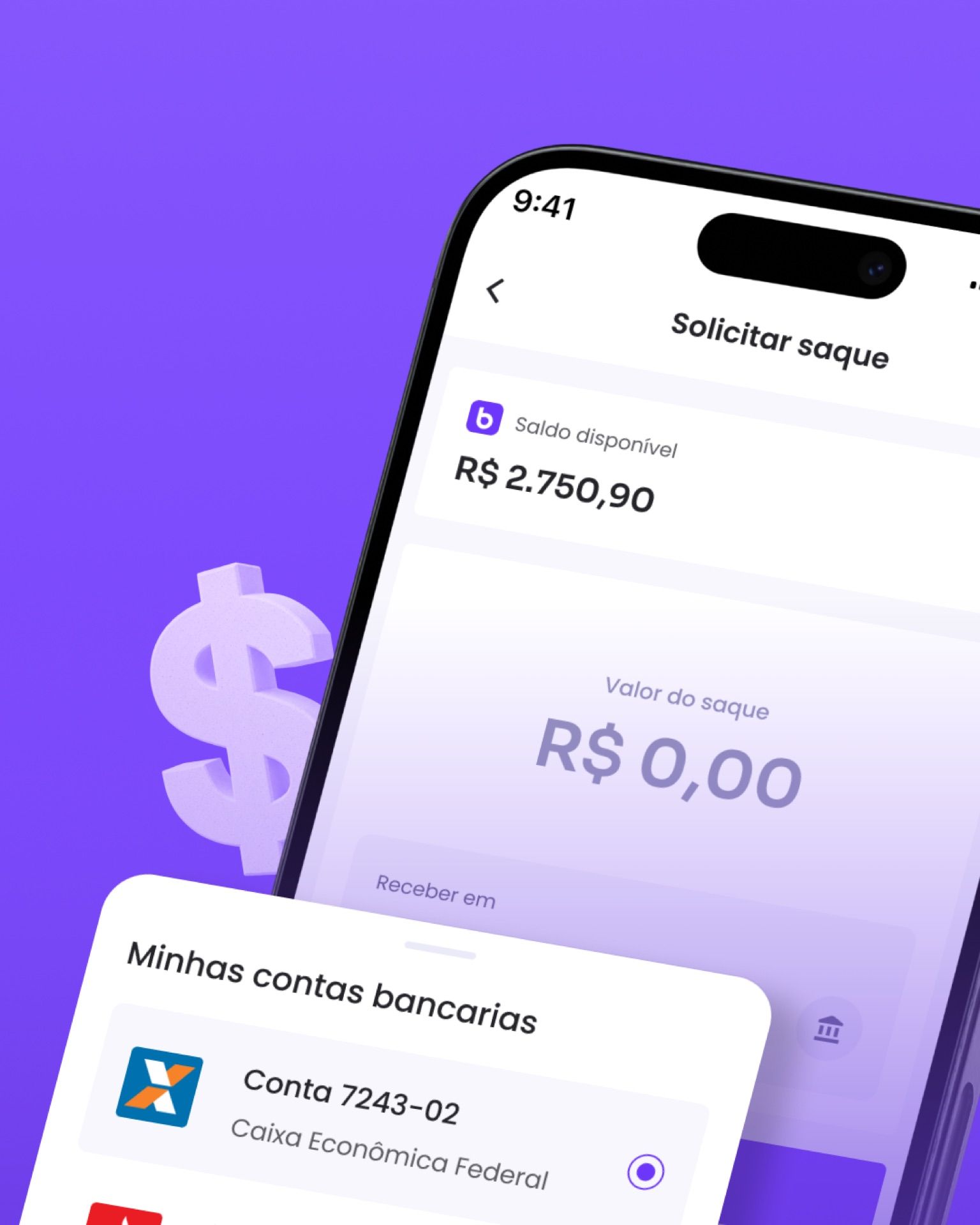 Fluxo de solicitar saque com saldo disponível e conta bancária de destino.