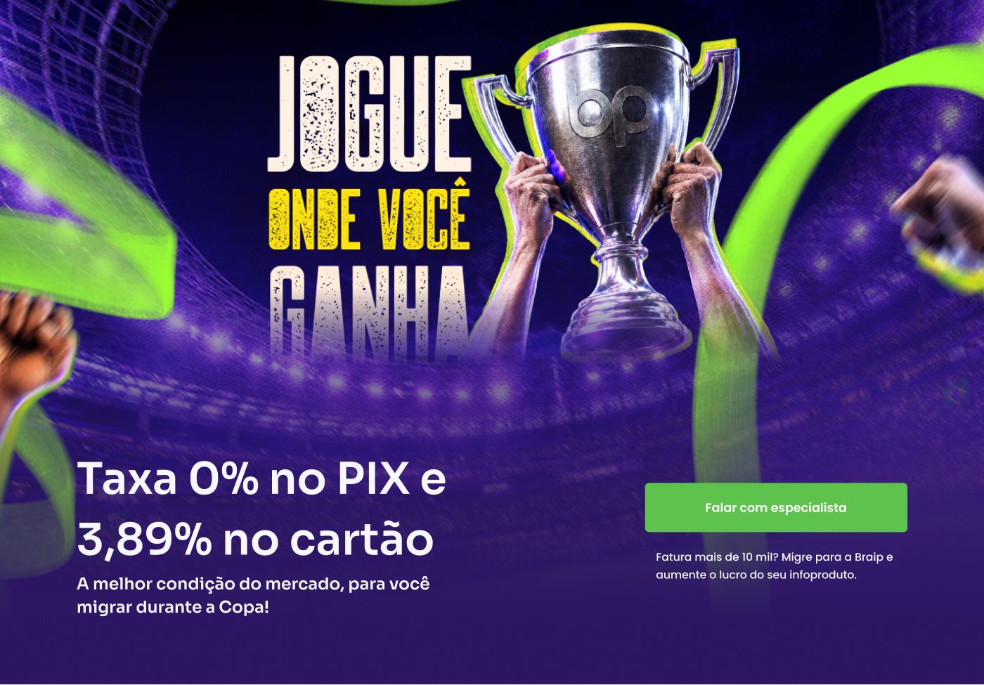 Hero da landing page Copa Players: letreiro tipográfico "Jogue onde você ganha" com troféu erguido, e abaixo o bloco de taxa com botão Falar com especialista.