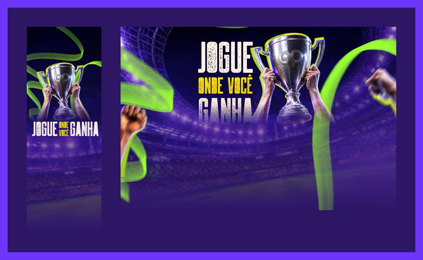 Recorte do key visual da hero: composição tipográfica da campanha com troféu, torcida e elementos gráficos verdes sobre fundo roxo.