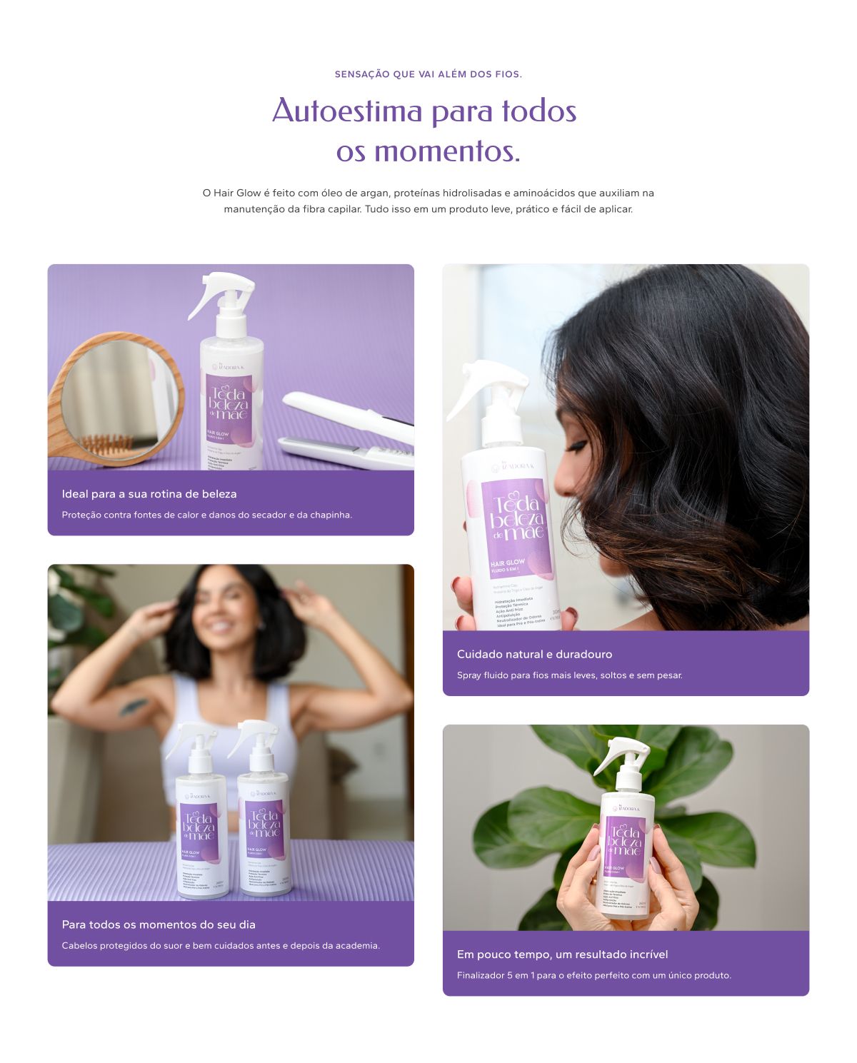 Seção "Autoestima para todos os momentos" — quatro cartões de estilo de vida mostrando o produto em situações reais do dia
