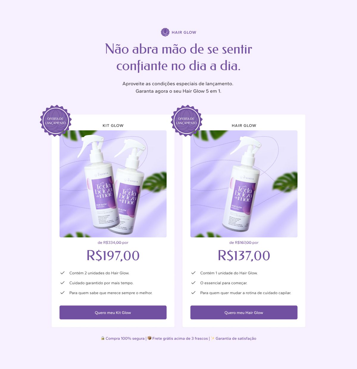 Seção de oferta — dois kits lado a lado, o combo de duas unidades por R$ 197,00 e a unidade avulsa por R$ 137,00, com selo de oferta de lançamento