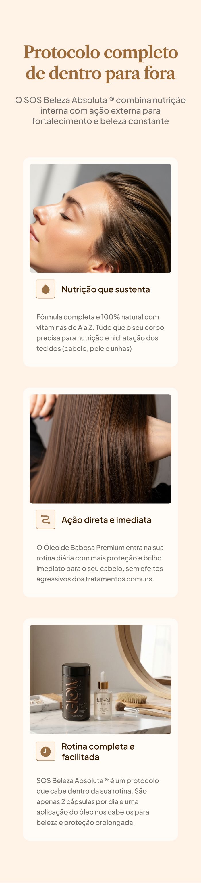 A mesma seção de protocolo em mobile, com os três cards empilhados verticalmente e a imagem de produto reposicionada acima do texto