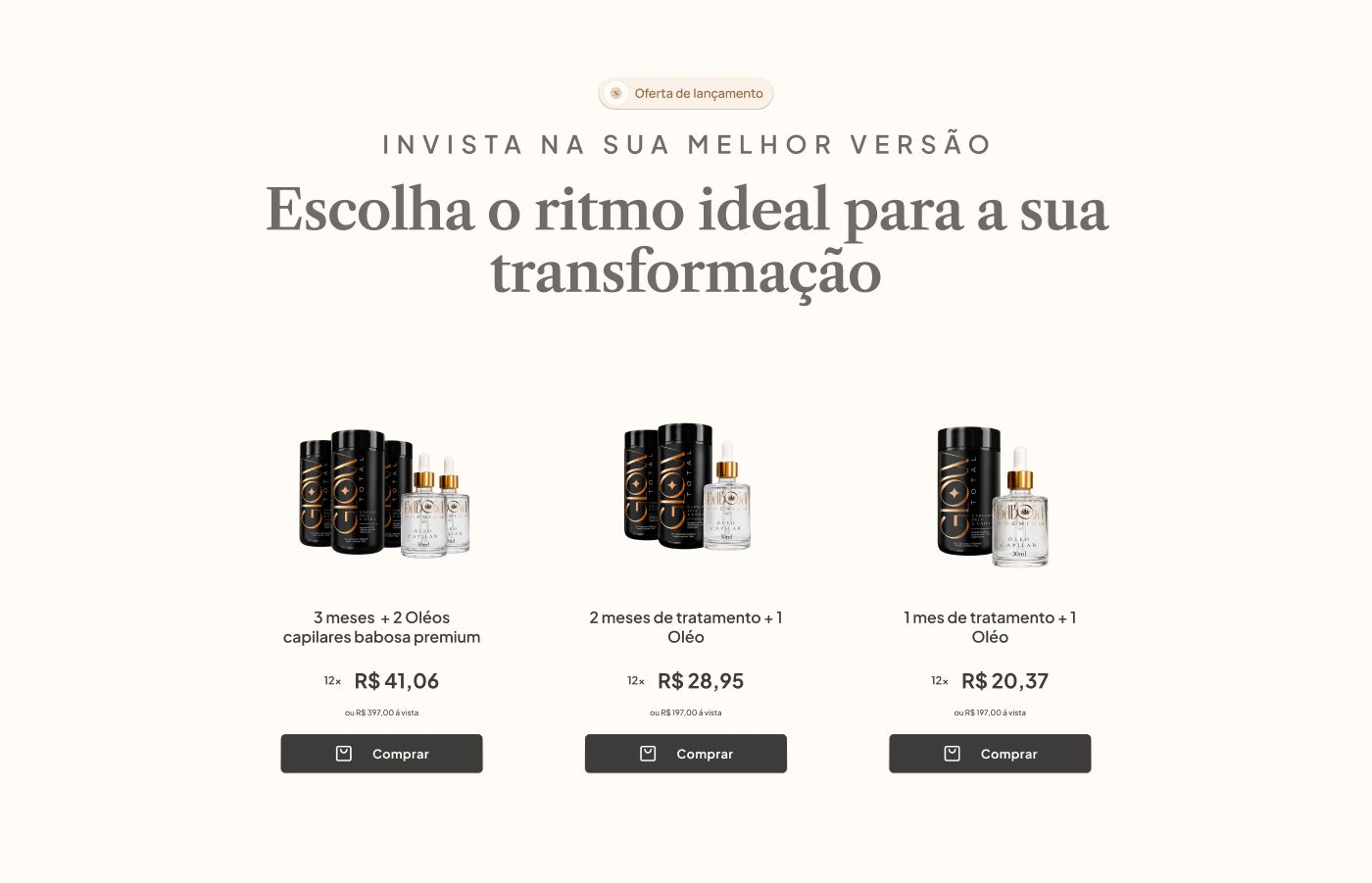 Seção de oferta com três planos de tratamento lado a lado, cada um com composição de produto, preço parcelado e botão de compra