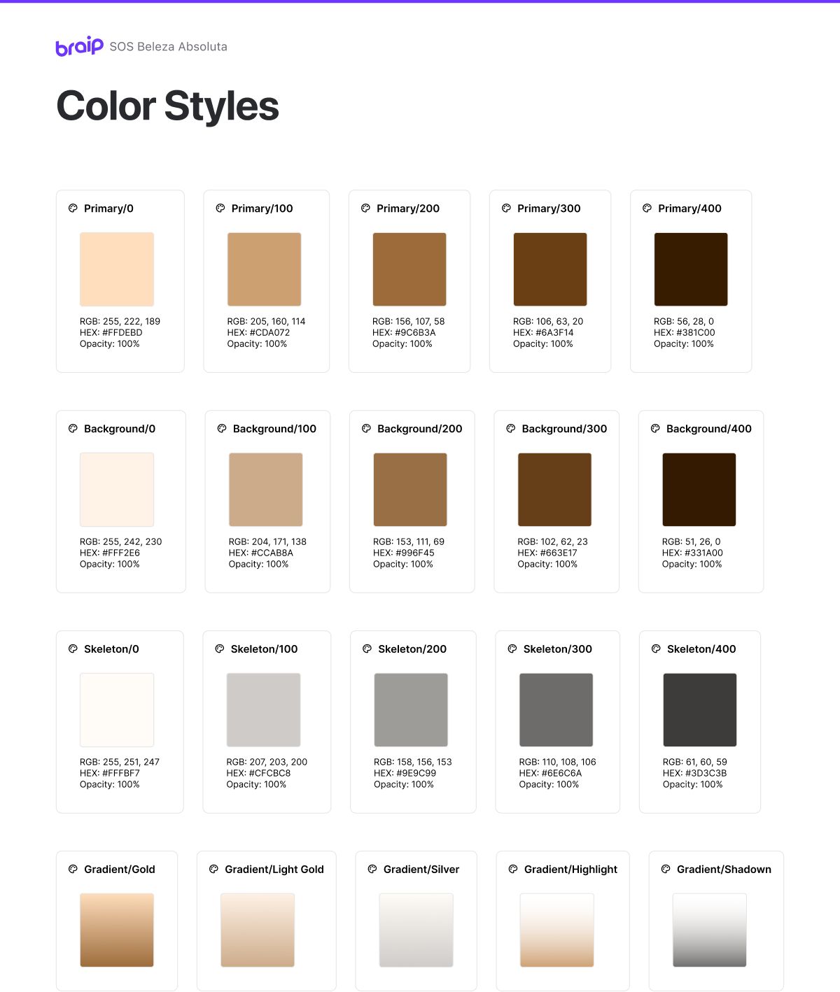 Painel de Color Styles do arquivo SOS Beleza Absoluta, com a paleta de beges, marrons e neutros organizada em amostras nomeadas
