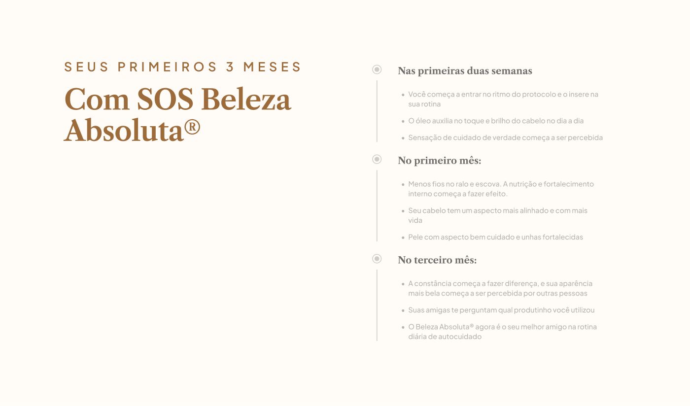 Seção "Seus primeiros 3 meses" com os marcos de duas semanas, primeiro mês e terceiro mês descritos em blocos de mesmo peso visual