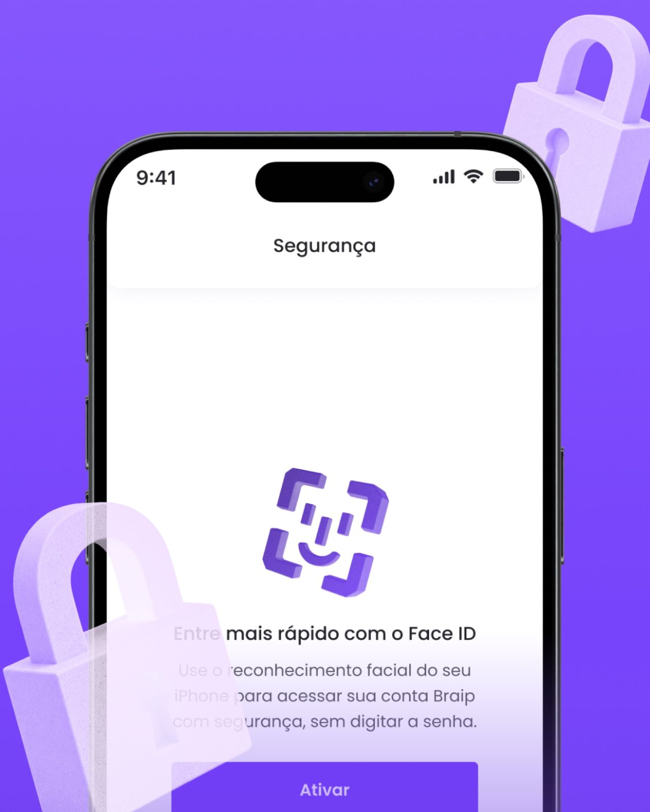 Tela de ativação do Face ID para entrar no app.