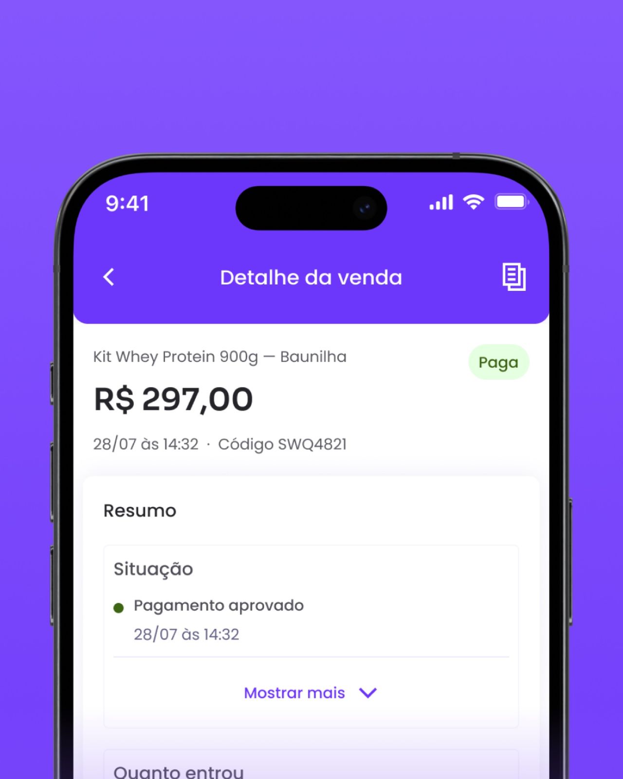 Detalhe da venda com valor, situação do pagamento e resumo do pedido.