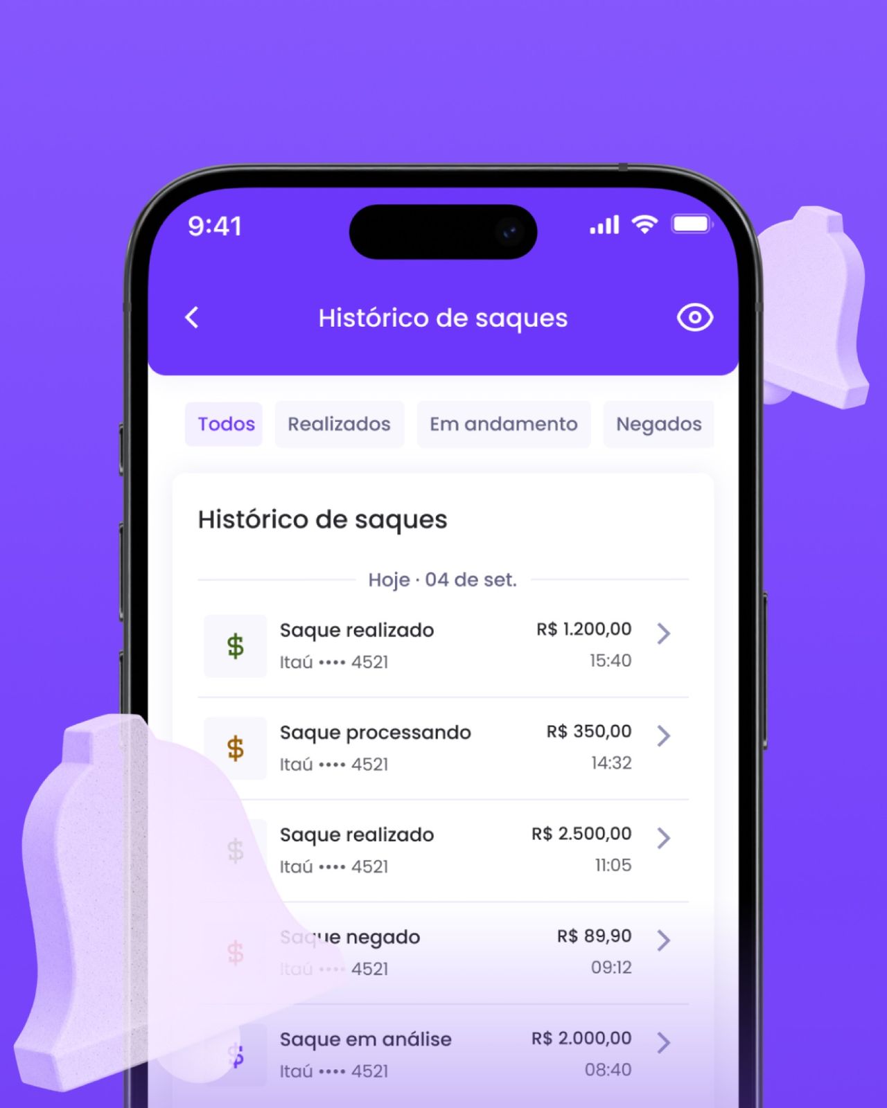 Histórico de saques filtrado por status.