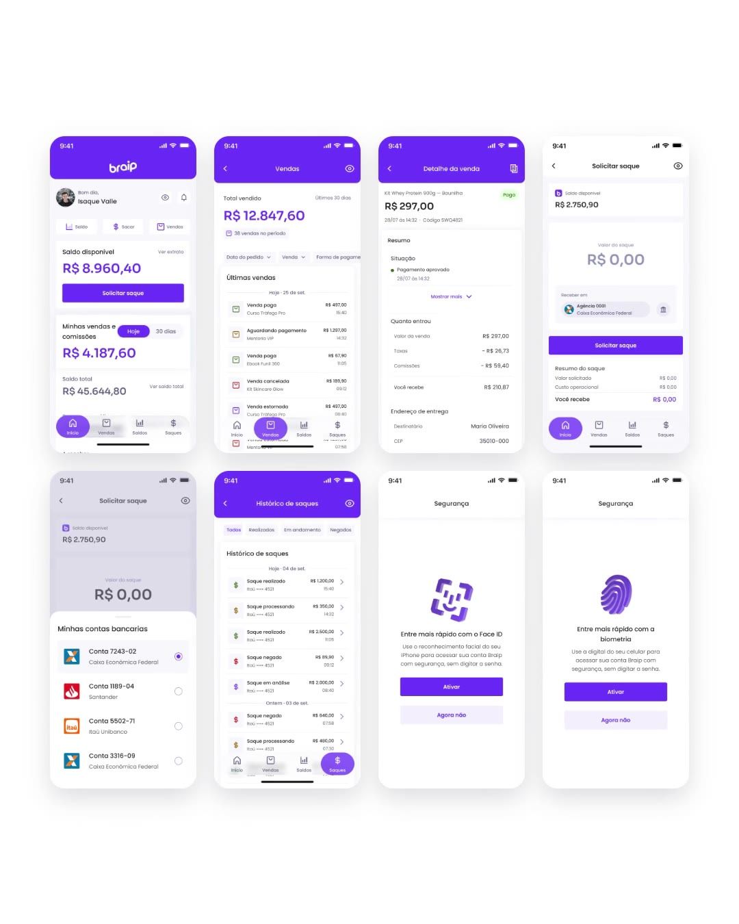 Parede com as telas do App Braip — home, vendas, detalhe, saque, histórico e biometria — lado a lado.