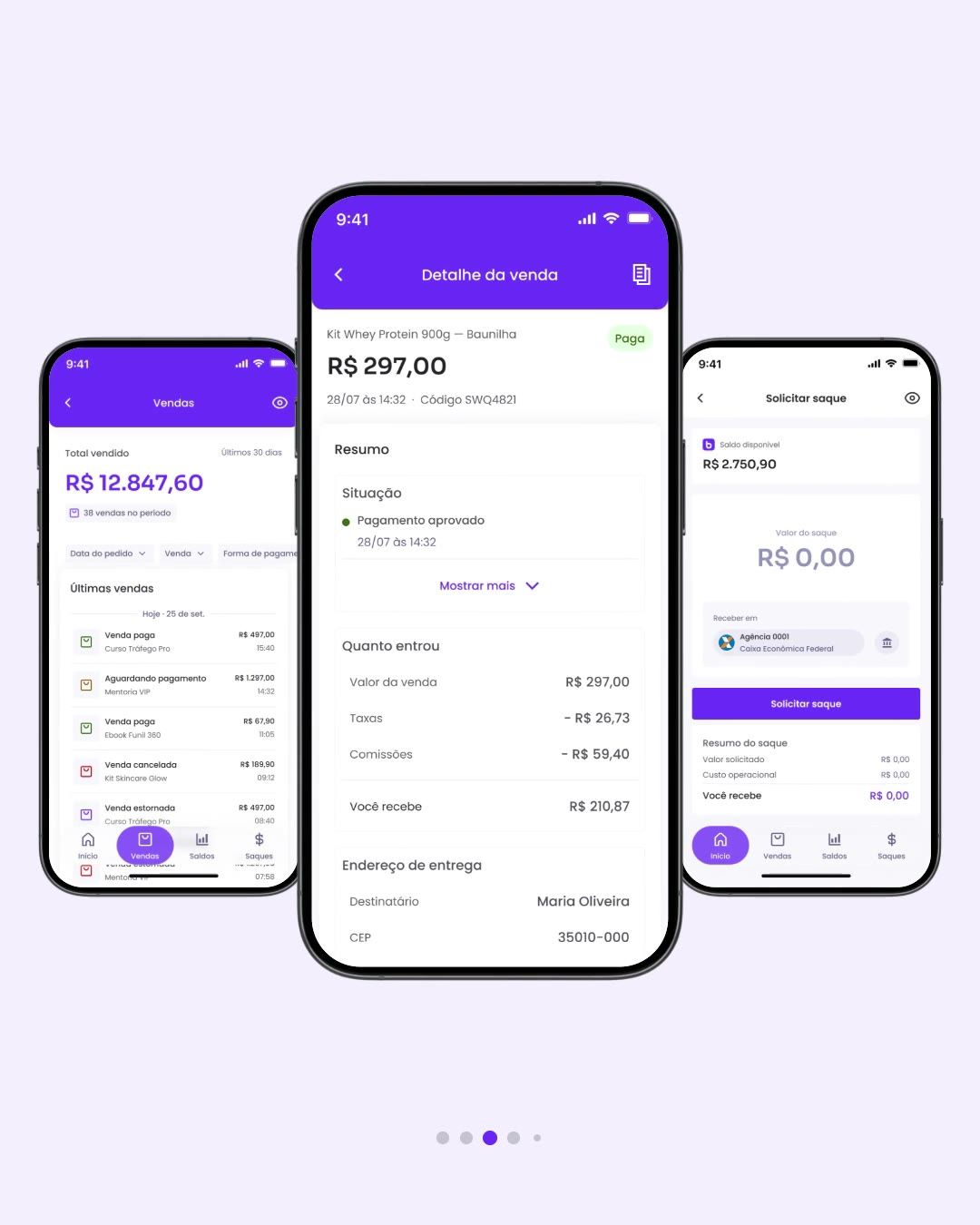 iPhones no fluxo de solicitar saque com a lista de contas bancárias subindo de baixo.
