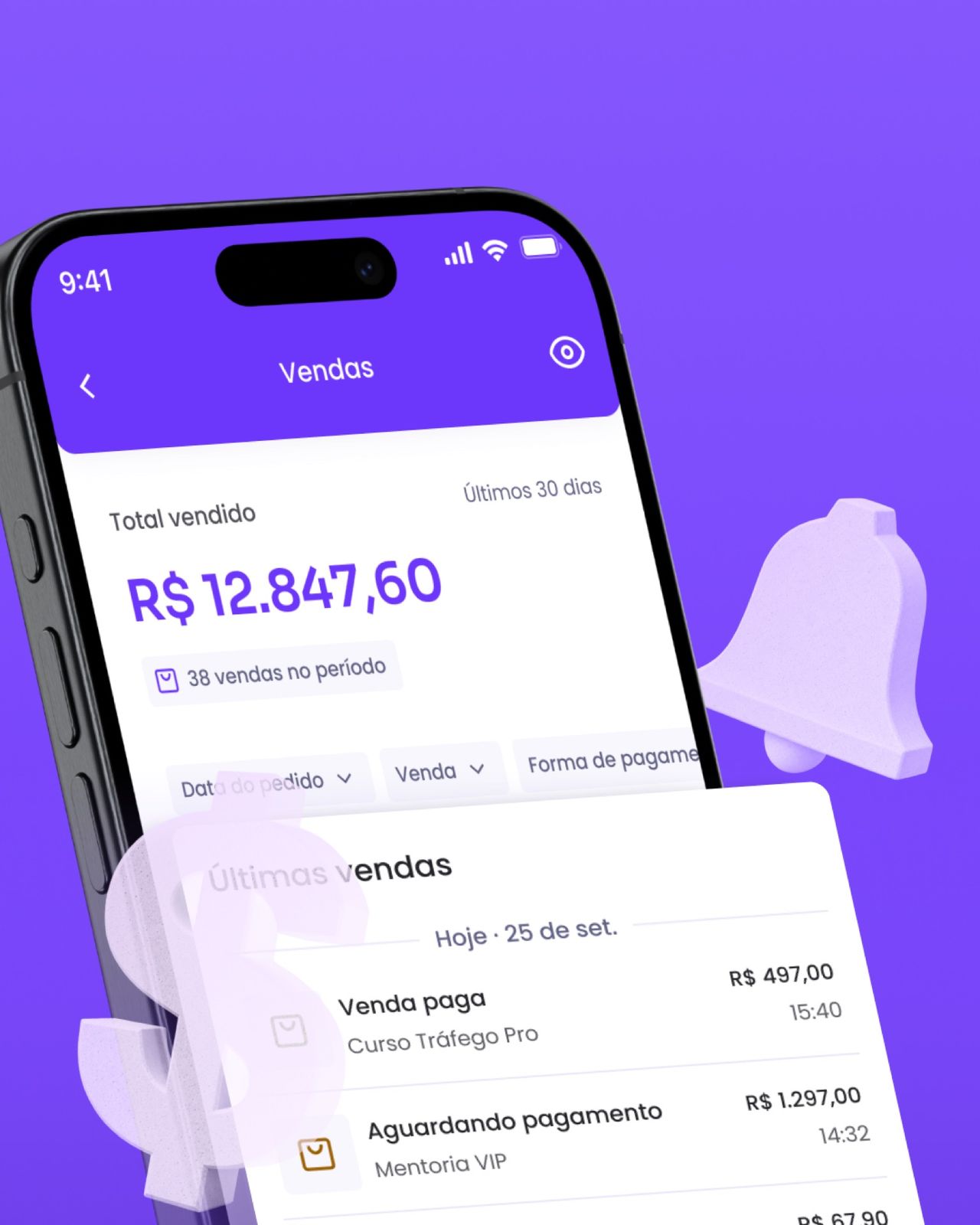 Lista de vendas com totais do período e status de cada pedido.