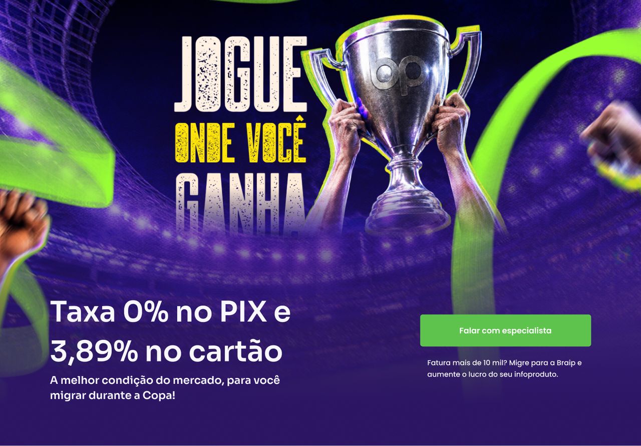 Hero da landing page Copa Players com o letreiro "Jogue onde você ganha", um troféu erguido e a headline da taxa sobre fundo roxo com traços verdes.