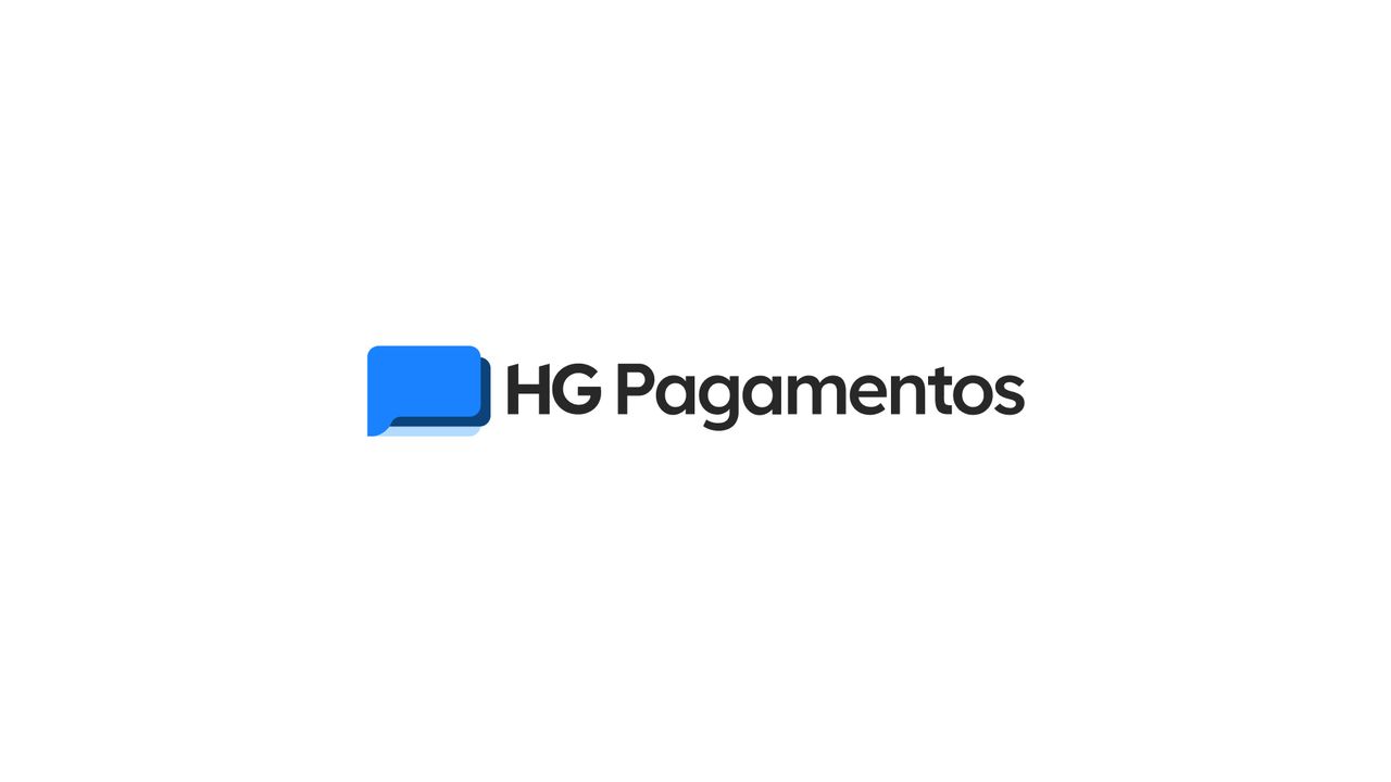 Marca HG Pagamentos — símbolo de carteira em três camadas de azul ao lado do wordmark em cinza-escuro

