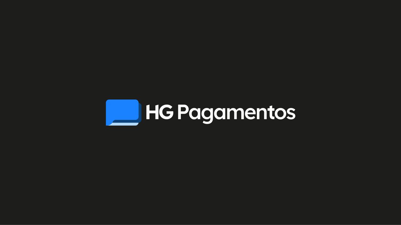 Variações da marca HG Pagamentos aplicadas sobre fundo branco, azul e azul escuro