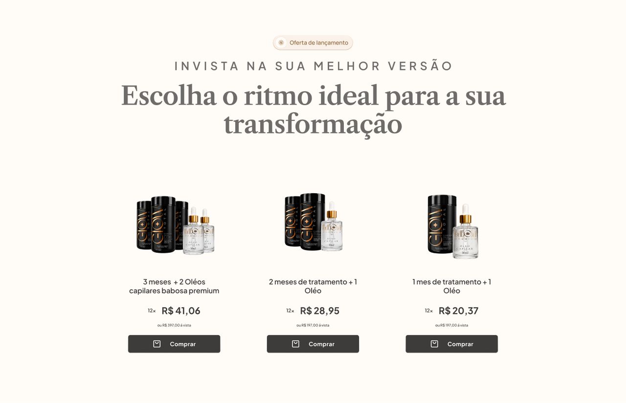Seção de oferta com três planos de tratamento lado a lado, cada um com composição de produto, preço parcelado e botão de compra