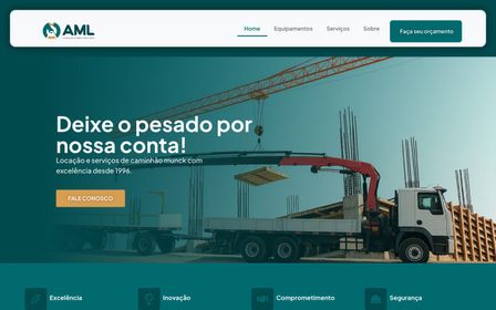 Topo do site da AML Locações com o título "Deixe o pesado por nossa conta!" sobre foto de caminhão munck e fundo verde-petróleo.
