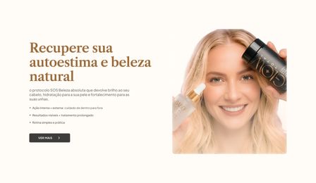 Hero da landing page SOS Beleza Absoluta — modelo sorrindo com a mão no cabelo ao lado do título "Recupere sua autoestima e beleza natural", sobre fundo bege claro.