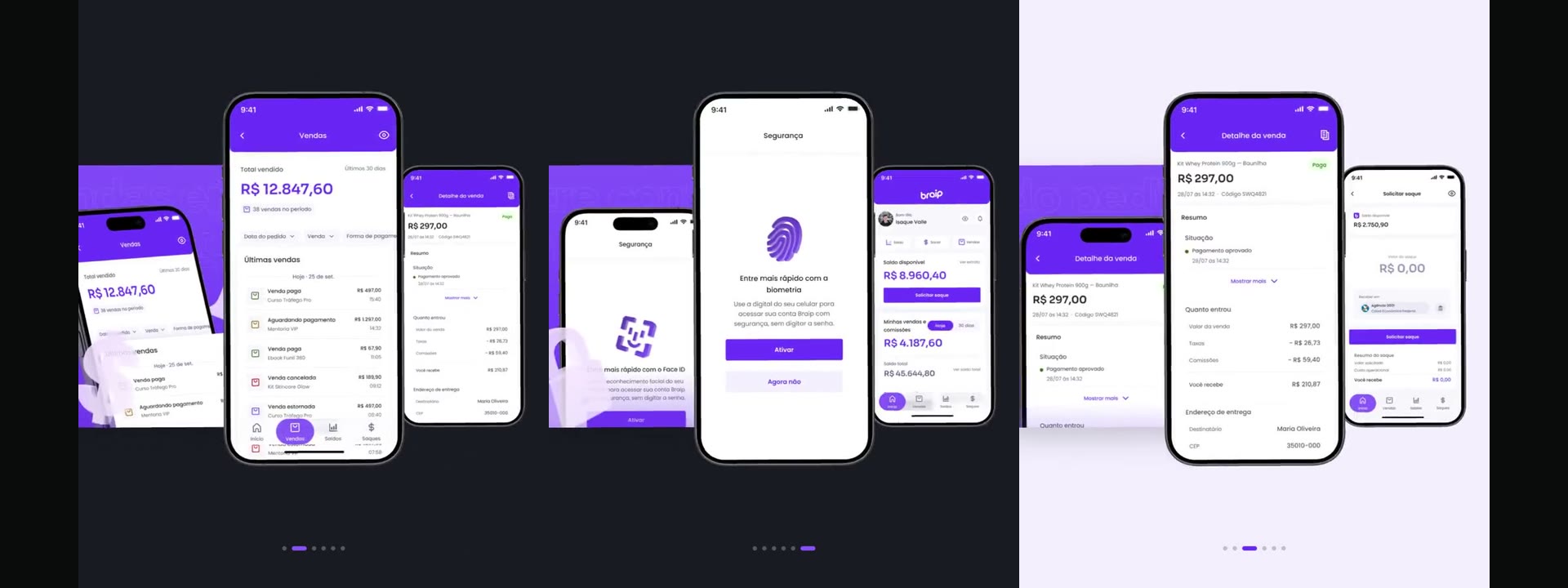 Três quadros de micro-interações do App Braip lado a lado — contagem de saldo, ativação de biometria e detalhe da venda.
