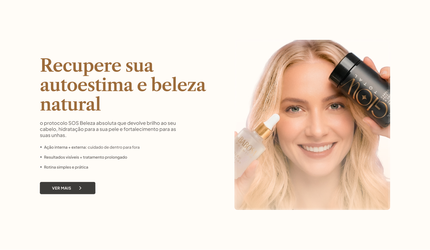 Hero da landing page SOS Beleza Absoluta — modelo sorrindo com a mão no cabelo ao lado do título "Recupere sua autoestima e beleza natural", sobre fundo bege claro.